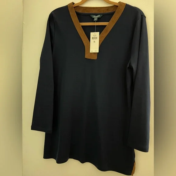 Lauren by Ralph Lauren tunic type shirt. Blue with faux suede trim.   Size XL - Picture 9 of 12